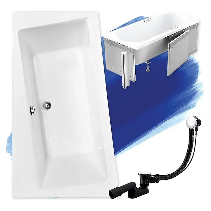 Bad Land Eckbadewanne - L x B: 170 x 110 cm, Sanitäracryl, Weiß - Weiß-rechteckige Badewanne mit Chrom-Ablauf und Überlauf, gezeigt mit Metallrahmen und Abflusssystem.