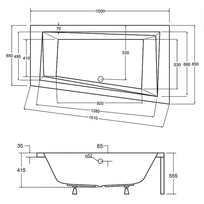 Bad Land Eckbadewanne - L x B: 150 x 85 cm, Sanitäracryl, Weiß - Technische Zeichnung einer Badewanne mit allen Hauptabmessungen.