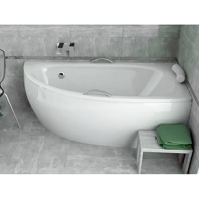 Bad Land Eckbadewanne MILENA PREMIUM Acrylwanne 150 x 70 cm rechts Weiß m. Acrylschürze - L x B: 150 x 70 cm, Sanitäracryl, Weiß - Weiße Eckbadewanne mit Chromgriffen und Kopfstütze.