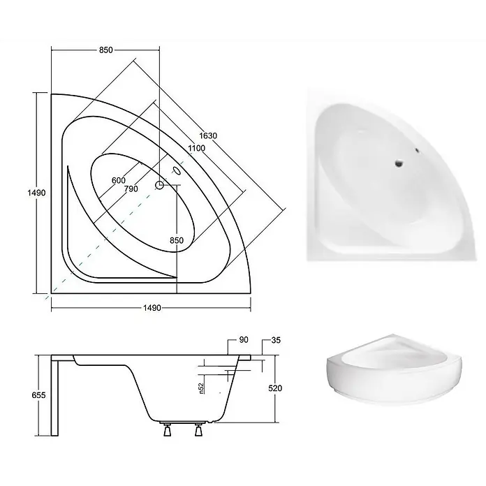 Bad Land Eckbadewanne LUKSJA Acryl-Eckwanne 148 x 148 cm Weiß - Sanitäracryl, Weiß - Weiße Eckbadewanne mit technischen Zeichnungen (Draufsicht, Seitenansicht) und Abmessungen.