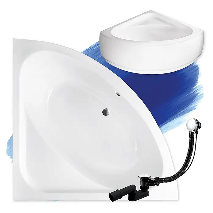 Bad Land Eckbadewanne - L x B: 148 x 148 cm, Sanitäracryl, Weiß - Weißes Eckbadewannen-Set mit schwarzem Badablauf- und Überlaufgarnitur.