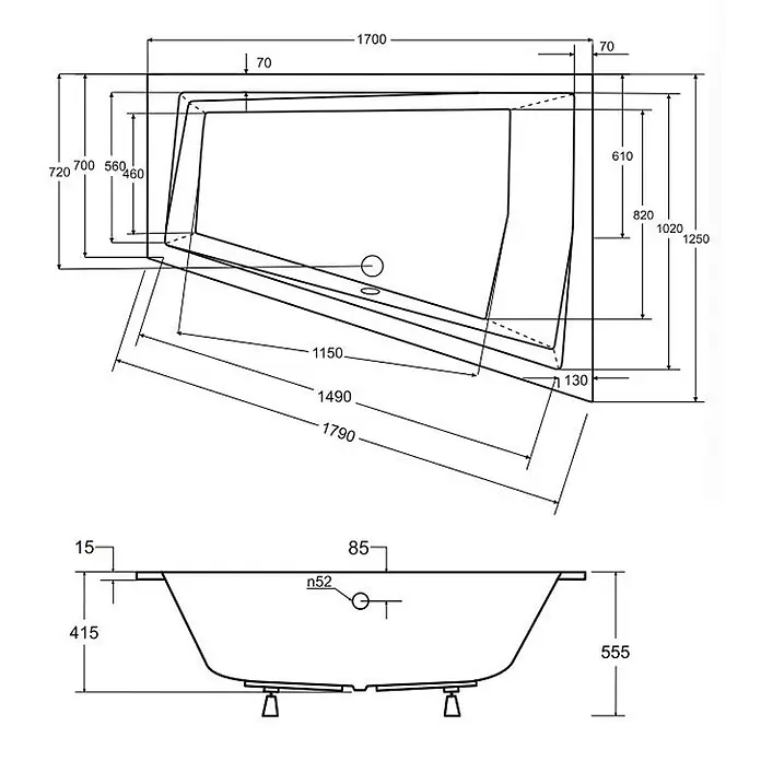 Bad Land Eckbadewanne INTIMA SLIM Acrylwanne 170 x 125 cm rechts Weiß m. schw. Ablauf - L x B: 170 x 125 cm, Sanitäracryl, Weiß - Technische Zeichnung einer asymmetrischen Badewanne mit detaillierten Maßen in Draufsicht und Seitenansicht.