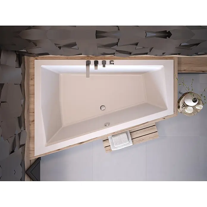 Bad Land Eckbadewanne INTIMA SLIM Acrylwanne 180 x 125 cm links Weiß m. schw. Ablauf - Sanitäracryl, Weiß - Draufsicht auf eine moderne, weiße, rechteckige Badewanne mit Holzrahmen in einem zeitgenössischen Badezimmer.