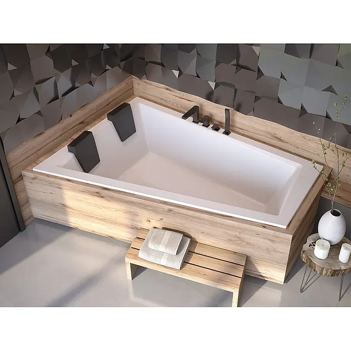 Bad Land Eckbadewanne - L x B: 170 x 125 cm, Sanitäracryl, Weiß - Eine moderne weiße Einbau-Badewanne mit Holzverkleidung, schwarzen Armaturen und zwei schwarzen Kopfstützen in einem stilvollen Bad.