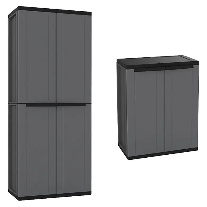Terry J-Base Armario multiusos de plástico - Alto + bajo, Gris oscuro/Negro - Dos armarios de almacenamiento de plástico gris y negro, uno alto con cuatro puertas, uno bajo con dos.