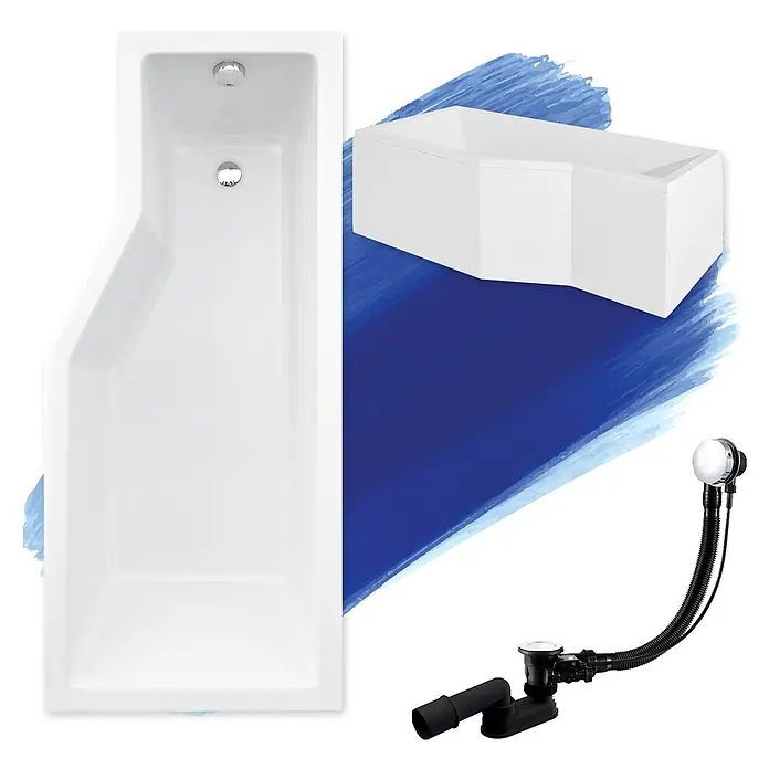 Bad Land Eckbadewanne INTEGRA Acryl-Eckwanne 170 x 75 cm rechts Weiß, inkl. Acrylschürze - Sanitäracryl, Weiß - Weiße Acrylbadewanne mit abgeschrägtem Ende, von oben und seitlich gezeigt, zusammen mit einem schwarzen/verchromten Ablaufgarnitur.