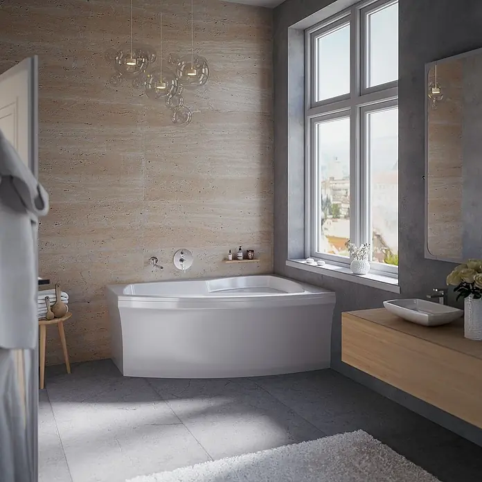 Bad Land Eckbadewanne FRIDA Acryl-Eckwanne 160 x 105 cm rechts Weiß - L x B: 160 x 105 cm, Sanitäracryl, Weiß - Weiße, moderne Badewanne in einem hellen Badezimmer unter einem großen Fenster.