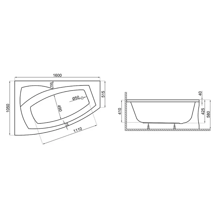 Bad Land Eckbadewanne FRIDA Acryl-Eckwanne 160 x 105 cm rechts Weiß - L x B: 160 x 105 cm, Sanitäracryl, Weiß - Technische Zeichnung einer asymmetrischen Badewanne, mit Draufsicht und Seitenansicht samt Maßen: 1600x1050 mm und 580 mm Höhe.