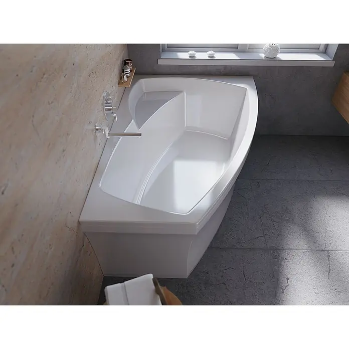 Bad Land Eckbadewanne - L x B: 160 x 105 cm, Sanitäracryl, Weiß - Weiße asymmetrische Badewanne mit integriertem Sitz.