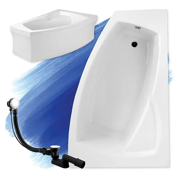 Bad Land Eckbadewanne - L x B: 160 x 105 cm, Sanitäracryl, Weiß - Weiße Badewannen (eine rechteckig, eine Eckwanne) und ein schwarzes Ablaufgarnitur-Set zur Badezimmerinstallation.