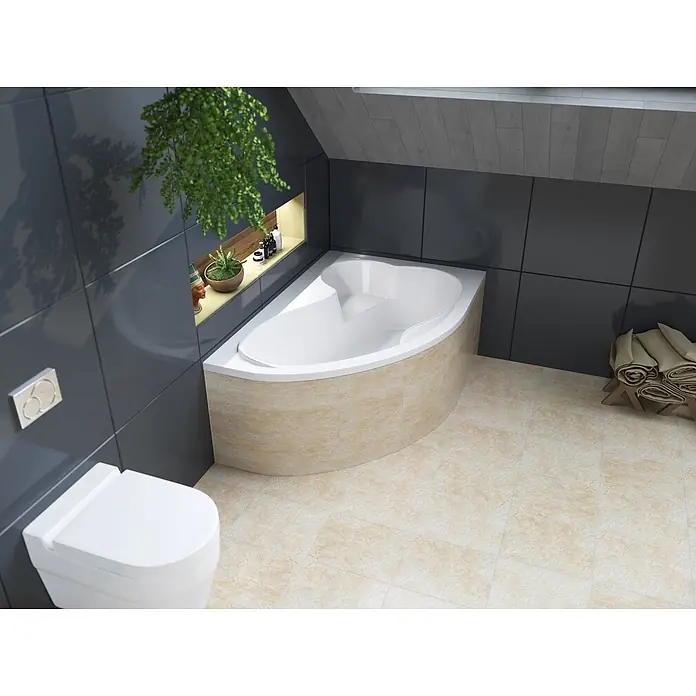 Bad Land Eckbadewanne - L x B: 160 x 105 cm, Sanitäracryl, Weiß - Weiße Eckbadewanne mit hellbeigem Sockel und wandhängender Toilette in einem modernen Bad.