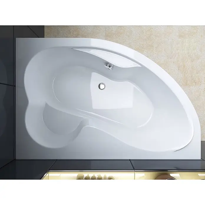 Bad Land Eckbadewanne - L x B: 160 x 105 cm, Sanitäracryl, Weiß - Draufsicht einer asymmetrischen weißen Badewanne mit Chromabläufen, in einem modernen Badezimmer installiert.