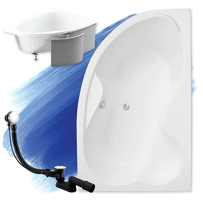 Bad Land Eckbadewanne - L x B: 160 x 105 cm, Sanitäracryl, Weiß - Weißes Eckbadewannen-Set mit Ablaufgarnitur und zwei gebogenen grauen Verkleidungsplatten.