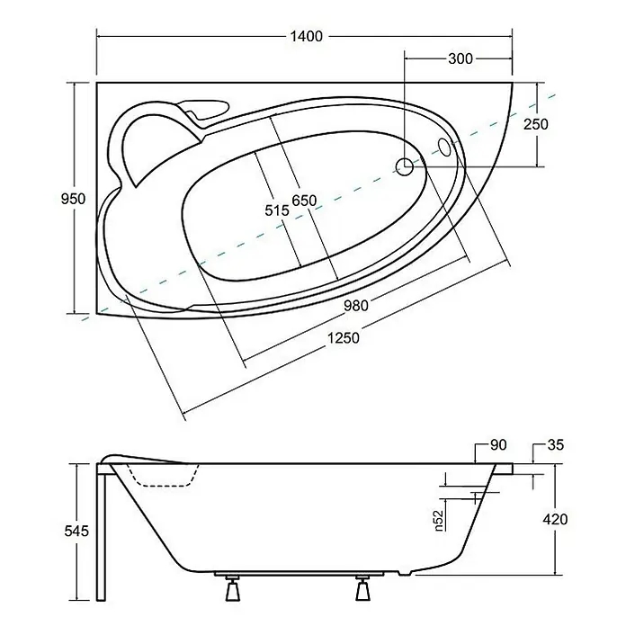 Bad Land Eckbadewanne FINEZJA Acryl-Eckwanne 140 x 95 cm links Weiß - Sanitäracryl, Weiß - Asymmetrische Eckbadewanne technische Zeichnung mit Maßen.