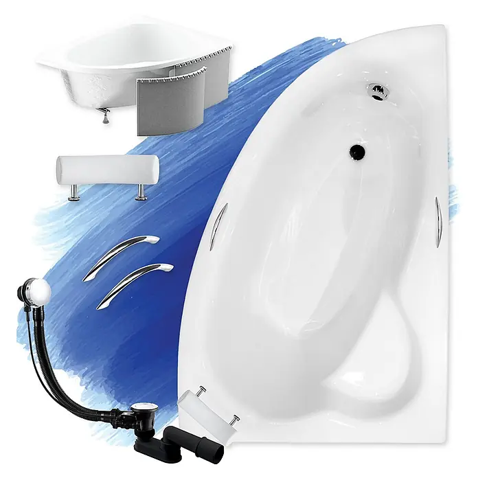 Bad Land Eckbadewanne - L x B: 150 x 100 cm, Sanitäracryl, Weiß - Weiße Eckbadewanne mit grauen Verkleidungen, Chromgriffen, weißer Kopfstütze und Abflusssatz.