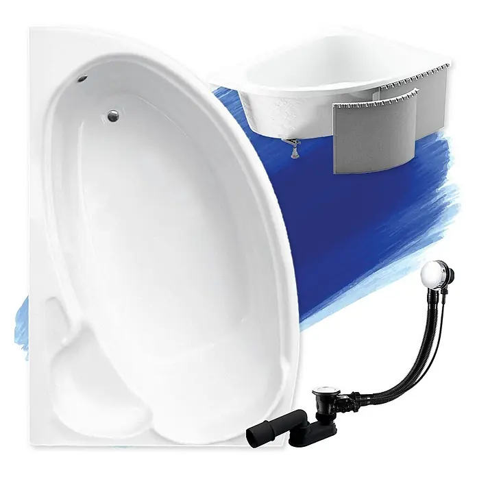 Bad Land Eckbadewanne - L x B: 170 x 110 cm, Sanitäracryl, Weiß - Zwei weiße Badewannen, eine Eckwanne, eine ergonomische, mit einem schwarzen und verchromten Ab- und Überlaufgarnitur.