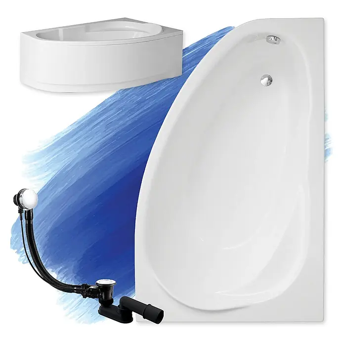 Bad Land Eckbadewanne MAREA Acryl-Eckwanne 150 x 100 cm rechts Weiß, inkl. Acrylschürze - Sanitäracryl, Weiß - Zwei weiße Badewannen: eine Eckbadewanne und eine asymmetrische Badewanne, gezeigt mit einem schwarzen Wannenablaufset.
