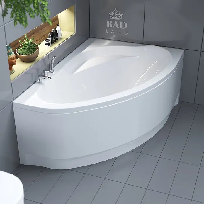 Bad Land Eckbadewanne - L x B: 160 x 100 cm, Sanitäracryl, Weiß - Weiße Eckbadewanne mit geschwungener Frontplatte und integrierter Armatur.