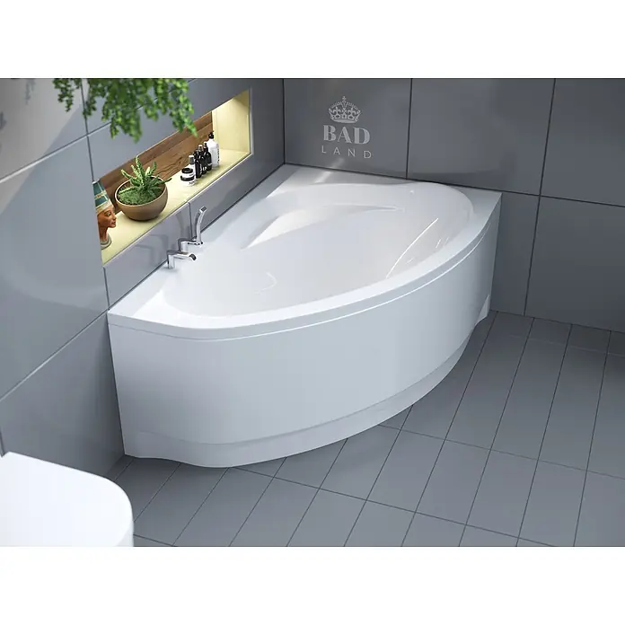 Bad Land Eckbadewanne MAREA Acryl-Eckwanne 150 x 100 cm rechts Weiß - Sanitäracryl, Weiß - Weiße Eckbadewanne in einem modernen grauen Badezimmer installiert.