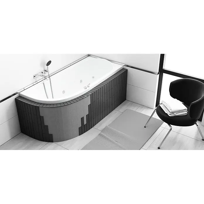 Bad Land Eckbadewanne AVITA SLIM Acrylwanne 180 x 80 cm rechts Weiß m. Styroporverkl., Ablage - L x B: 180 x 80 cm, Sanitäracryl, Weiß - Weiße Badewanne mit dunkelgrau gefliester und texturierter Frontverkleidung in einem modernen Bad.