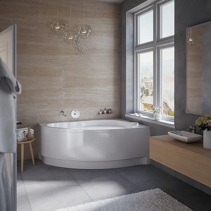 Bad Land Eckbadewanne MAREA Acryl-Eckwanne 150 x 100 cm rechts Weiß - Sanitäracryl, Weiß - Weiße Eckbadewanne in einem modernen Badezimmer, entworfen für Platzeffizienz und Komfort.