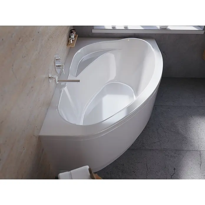 Bad Land Eckbadewanne MAREA Acryl-Eckwanne 150 x 100 cm rechts Weiß - Sanitäracryl, Weiß - Weiße, glänzende Eckbadewanne in modernem Design, in einem Badezimmer installiert.