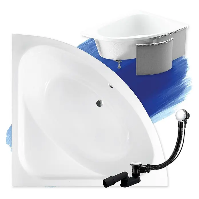 Bad Land Eckbadewanne - L x B: 148 x 148 cm, Sanitäracryl, Weiß - Weiße Eckbadewanne und verchromtes Ab-/Überlaufset. Eine weitere weiße Eckwanne mit grauer Verkleidung ist ebenfalls abgebildet.