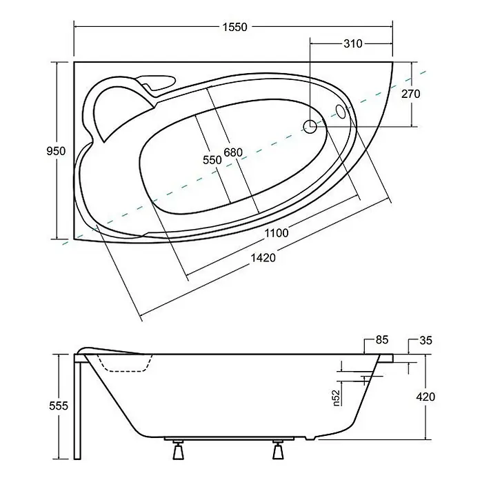 Bad Land Eckbadewanne FINEZJA Acryl-Eckwanne 155 x 95 cm links Weiß - Sanitäracryl, Weiß - Technische Zeichnung einer Eckbadewanne, Auf- und Seitenansicht, mit allen Abmessungen zur Planung.