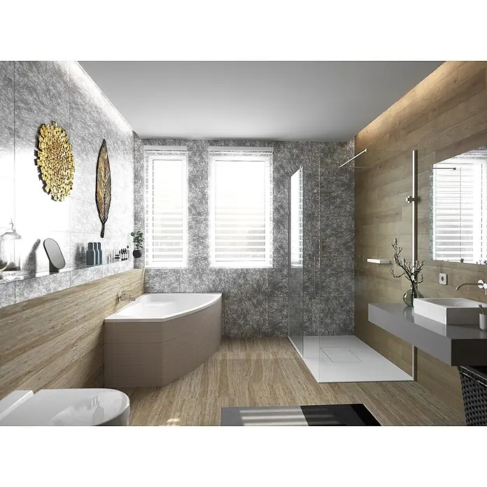 Bad Land Eckbadewanne - L x B: 150 x 90 cm, Sanitäracryl, Weiß - Modernes Bad mit Eckwanne, Glasdusche und schwebendem Waschtisch, mit grauem Marmor- und Holzoptik-Fliesen.