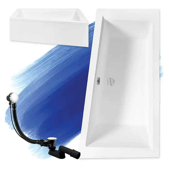 Bad Land Eckbadewanne - L x B: 160 x 90 cm, Sanitäracryl, Weiß - Weiße rechteckige Badewanne, eine weiße Eckbadewanne und ein schwarzes Ab- und Überlaufset zur Installation.