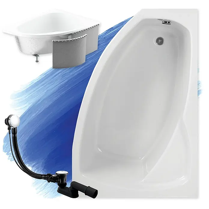 Bad Land Eckbadewanne - L x B: 150 x 90 cm, Sanitäracryl, Weiß - Weiße Eckbadewanne mit grauen Seitenverkleidungen und Ab-/Überlaufgarnitur.