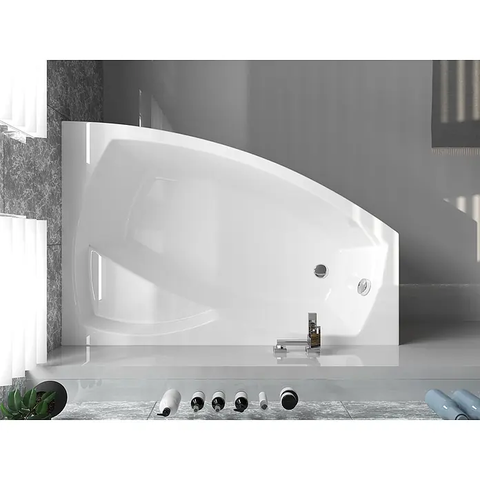 Bad Land Eckbadewanne - L x B: 150 x 90 cm, Sanitäracryl, Weiß - Weiße moderne Badewanne mit Chromarmaturen in einem zeitgenössischen Badezimmer.