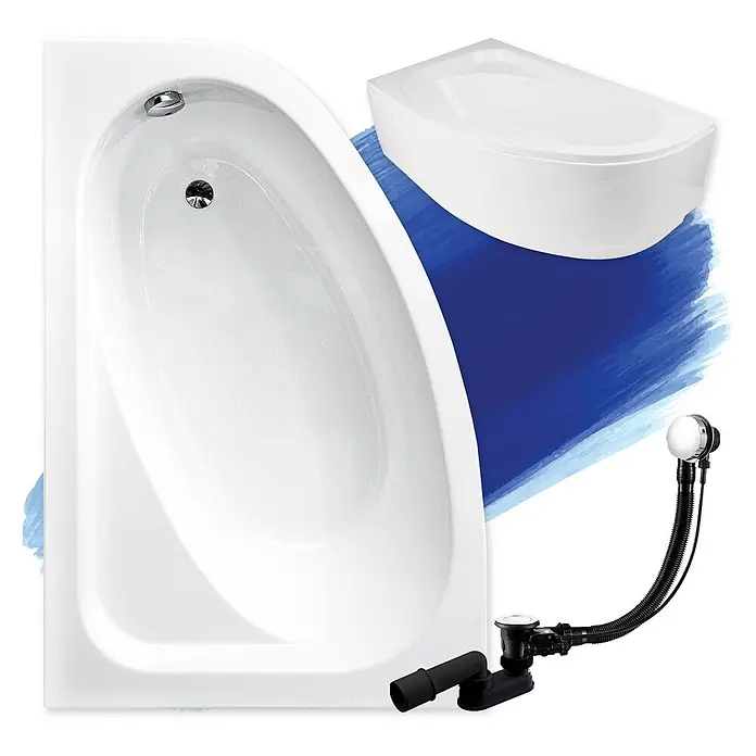 Bad Land Eckbadewanne - L x B: 150 x 100 cm, Sanitäracryl, Weiß - Weiße Eckbadewanne, passende Verkleidung, Chrom-Überlauf/Ablauf und schwarzes Abfall-Set.