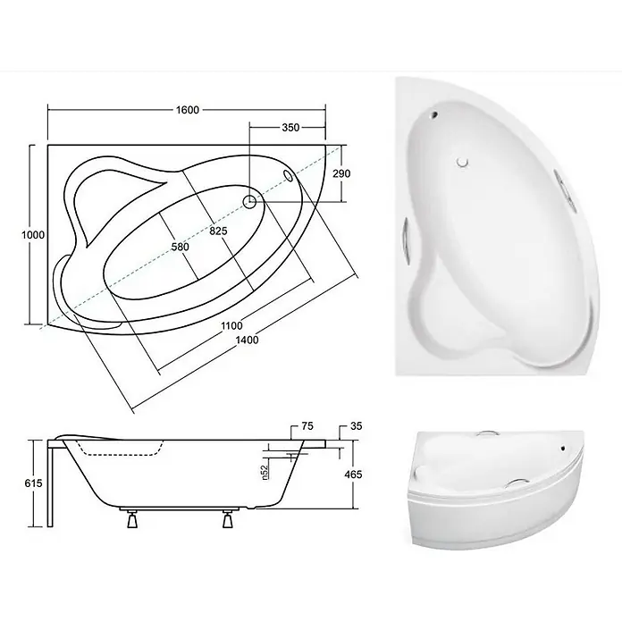 Bad Land Eckbadewanne ADA Acryl-Eckwanne 160 x 100 cm links Weiß, inkl. Acrylschürze und Griffe - Sanitäracryl, Weiß - Weiße Eckbadewanne mit integrierter Kopf- und Armlehne, mit detaillierten Maßen und verschiedenen Ansichten.