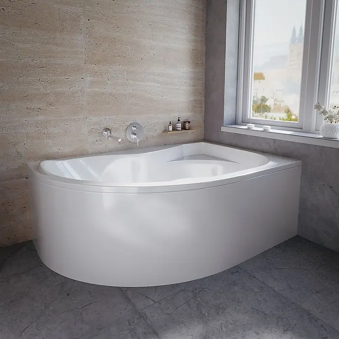 Bad Land Eckbadewanne DORA Acryl-Eckwanne 170 x 110 cm rechts Weiß - Sanitäracryl, Weiß - Weiße asymmetrische Eckbadewanne in einem modernen Badezimmerambiente.