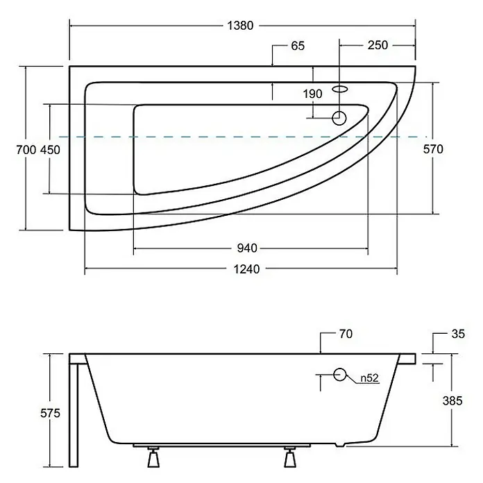 Bad Land Eckbadewanne PRAKTIKA Acryl-Eckwanne 140 x 70 cm links Weiß - Sanitäracryl, Weiß - Technisches Diagramm einer weißen Eckbadewanne mit Maßen.