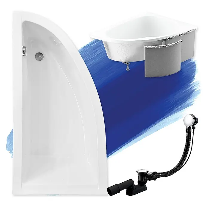 Bad Land Eckbadewanne - L x B: 140 x 70 cm, Sanitäracryl, Weiß - Weiße Eckduschwanne, Eckbadewanne mit grauer Schürze und schwarzes/chromes Abflussset.
