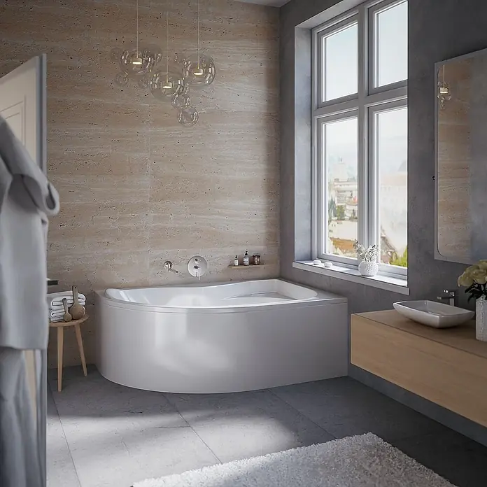 Bad Land Eckbadewanne DORA Acryl-Eckwanne 170 x 110 cm rechts Weiß - Sanitäracryl, Weiß - Weiße Eckbadewanne mit geschwungener Front in einem modernen Badezimmer.