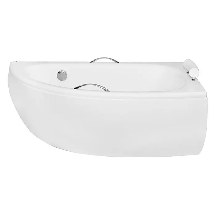 Bad Land Eckbadewanne MILENA PREMIUM Acrylwanne 150 x 70 cm rechts Weiß m. Acrylschürze - L x B: 150 x 70 cm, Sanitäracryl, Weiß - Weiße Eckbadewanne mit zwei Chromgriffen und einer weißen Kopfstütze.