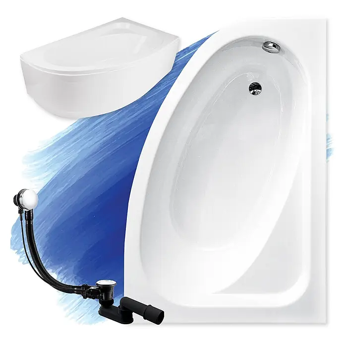 Bad Land Eckbadewanne - L x B: 140 x 80 cm, Sanitäracryl, Weiß - Weiße Acryl-Eckbadewanne und Duschwanne mit schwarzem Badablauf-Set.