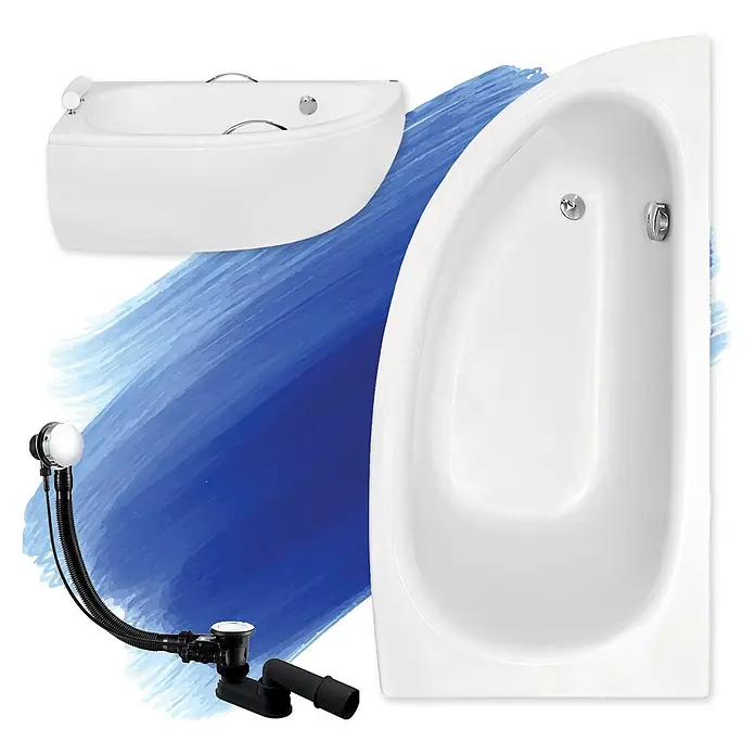 Bad Land Eckbadewanne - L x B: 150 x 70 cm, Sanitäracryl, Weiß - Zwei weiße asymmetrische Badewannen aus verschiedenen Blickwinkeln mit einem schwarzen flexiblen Ab- und Überlaufset.