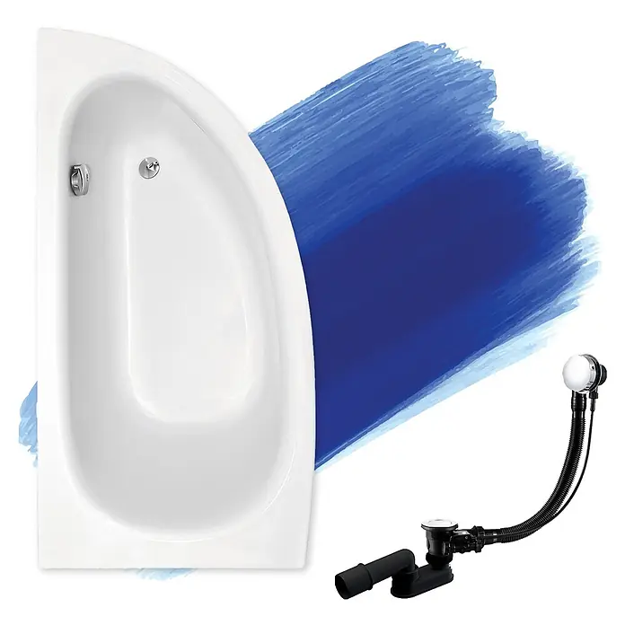 Bad Land Eckbadewanne MILENA Acryl-Eckwanne 150 x 70 cm links Weiß - L x B: 150 x 70 cm, Sanitäracryl, Weiß - Weiße D-förmige Badewanne mit Chrom-Überlauf und -Ablauf, zusammen mit einem flexiblen schwarzen Badewannenablaufset.