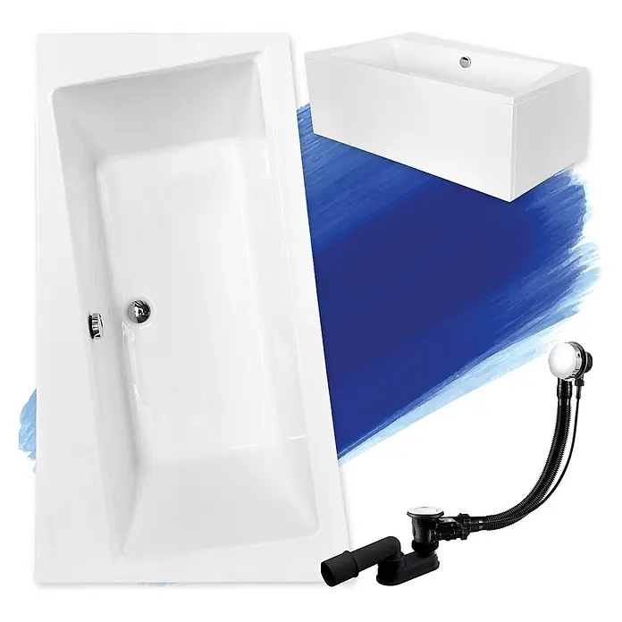 Bad Land Eckbadewanne INFINITY Acryl-Eckwanne 170 x 110 cm links Weiß, inkl. Acrylschürze - L x B: 170 x 110 cm, Sanitäracryl, Weiß - Zwei weiße rechteckige Badewannen mit Chromablauf und einem schwarzen und verchromten Badablaufgarnitur.