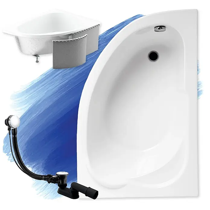 Bad Land Eckbadewanne - L x B: 130 x 85 cm, Sanitäracryl, Weiß - Weiße D-Form- und Eckbadewannen mit schwarzem Überlauf- und Abflusssatz.