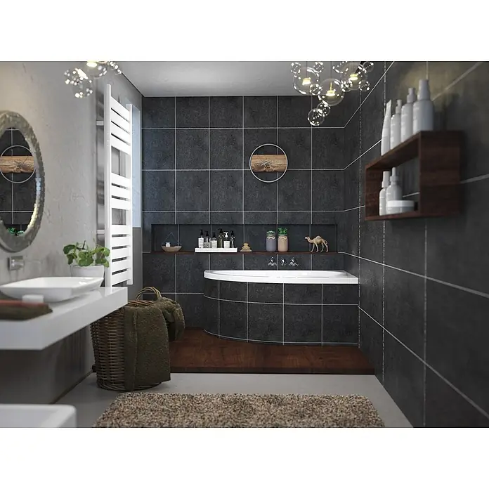 Bad Land Eckbadewanne - L x B: 130 x 85 cm, Sanitäracryl, Weiß - Modernes Bad mit dunkelgrauen Fliesen, weißer Badewanne und Holzdetails, die ein klares Design zeigen.