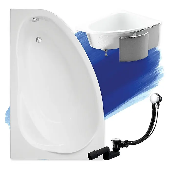 Bad Land Eckbadewanne - L x B: 150 x 100 cm, Sanitäracryl, Weiß - Weiße asymmetrische Eckbadewanne mit kleinerer Eckbadewanne und schwarzem/chrom Abfluss-/Überlaufsystem.