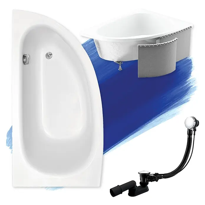Bad Land Eckbadewanne - L x B: 150 x 70 cm, Sanitäracryl, Weiß - Weiße asymmetrische und Eckbadewannen sowie ein schwarzes und verchromtes Wannenablauf- und Überlaufset.