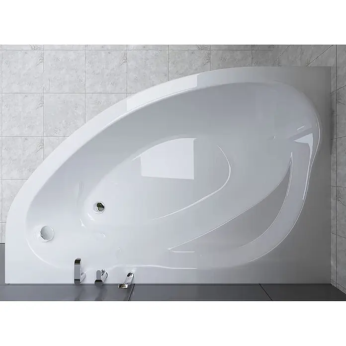 Bad Land Eckbadewanne - L x B: 150 x 100 cm, Sanitäracryl, Weiß - Weiße, glänzende, unregelmäßig geformte Badewanne mit Chromablauf, Überlauf und Armaturen.