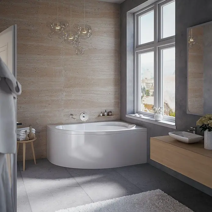 Bad Land Eckbadewanne STANDARD Acryl-Eckwanne 130 x 85 cm rechts Weiß - Sanitäracryl, Weiß - Weiße Eckbadewanne in einem modernen Badezimmer mit Steinwänden und Tageslicht.