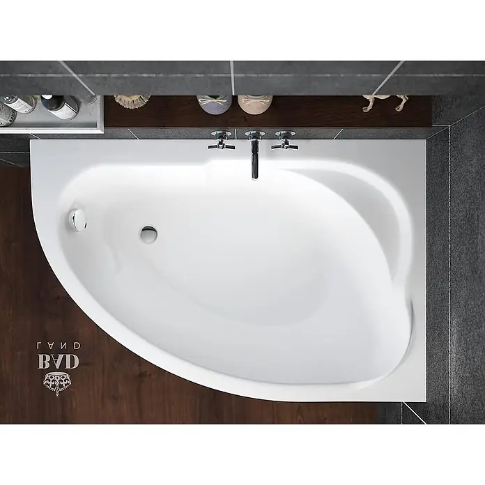 Bad Land Eckbadewanne - L x B: 130 x 85 cm, Sanitäracryl, Weiß - Weiße asymmetrische Eckbadewanne mit integrierter Armatur und Ablauf, von oben in einem modernen Bad.